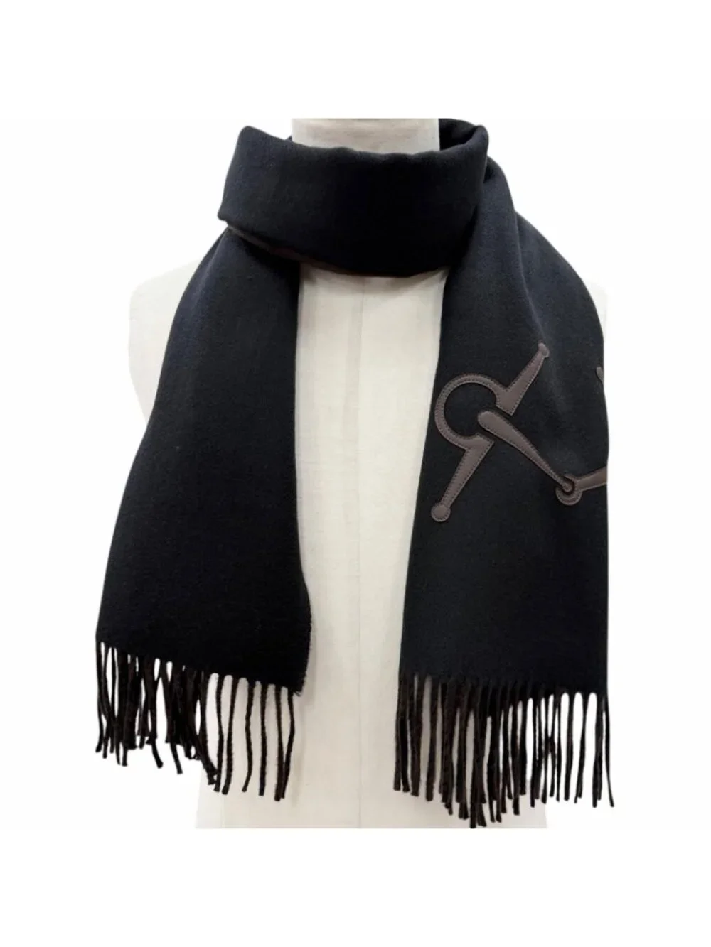 ★SOLD★ Hermes Cashmere Black Brown Ebony Leather Horsebit Logo Embroidery - Picture 3 of 8